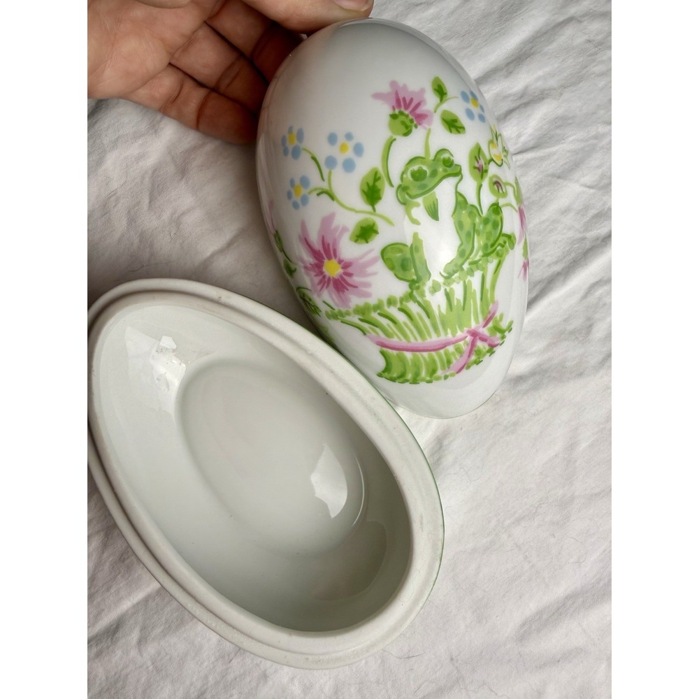 Frog Bouquet Trinket Egg Dish Pink Floral Painted Porcelain Taste‎ Setter Sigma